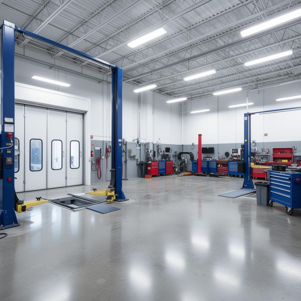 Clean, modern collision repair shop interior with professional equipment