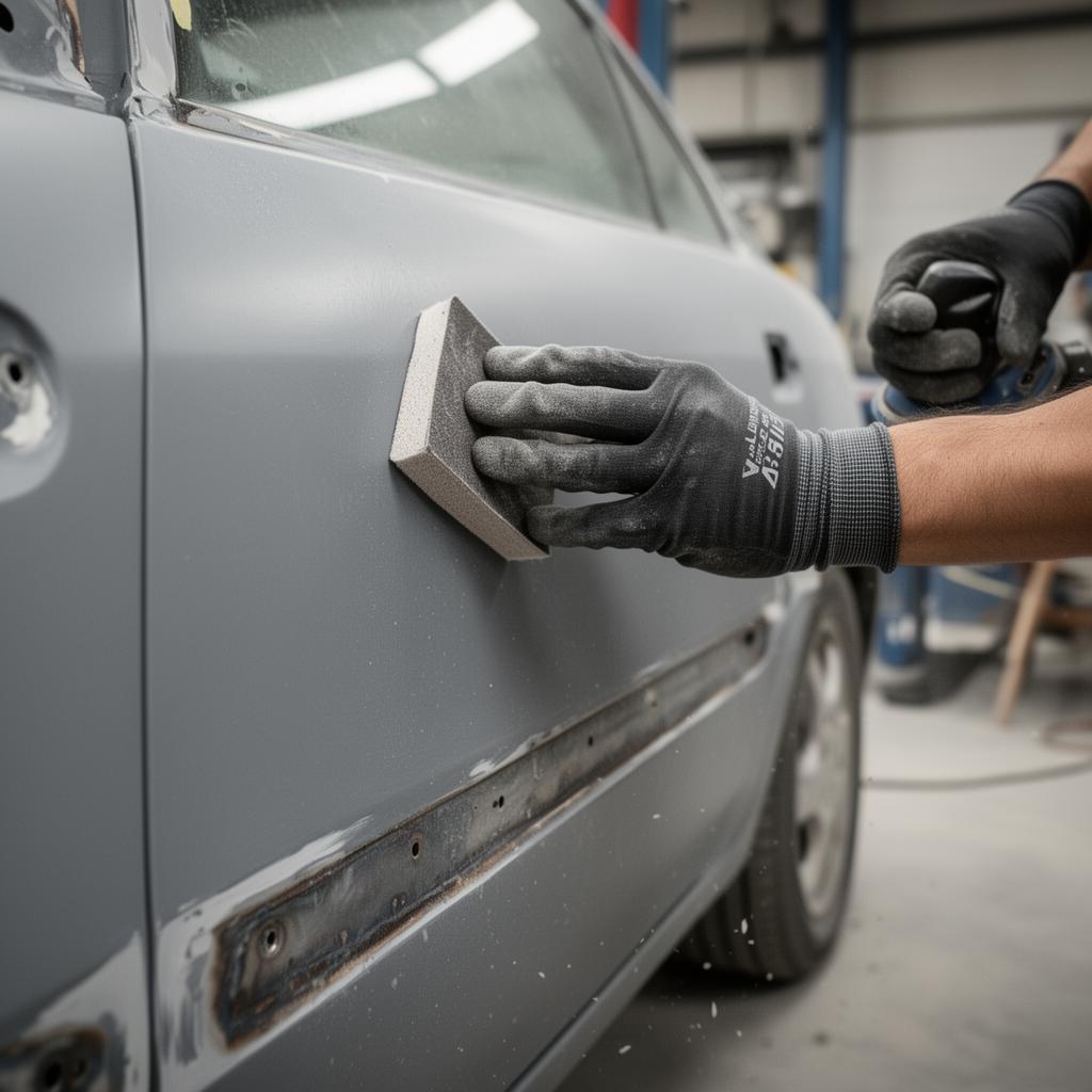 Auto body technician restoring wheel and tire detail at Houston collision center