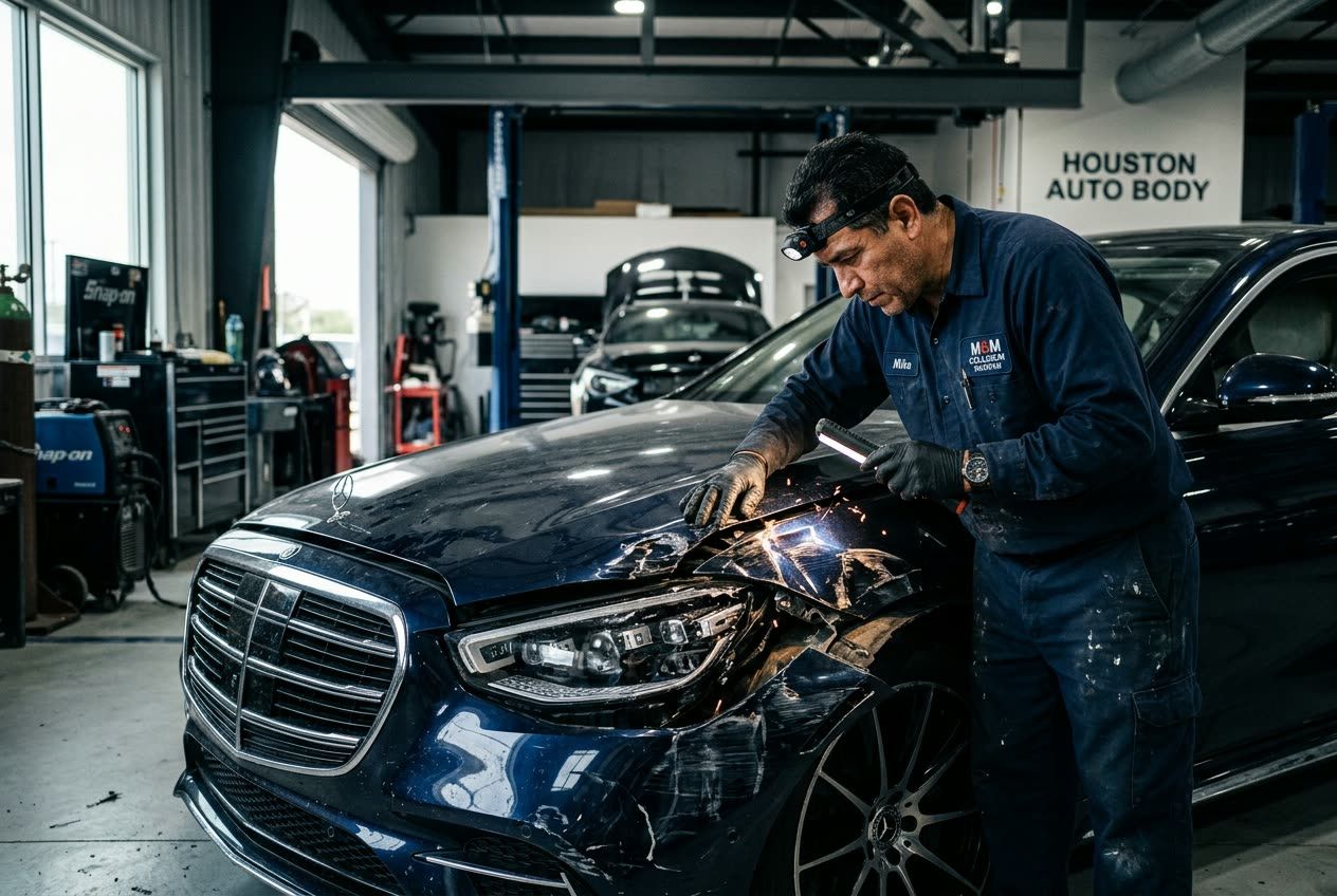 Houston collision repair technician inspecting damaged luxury vehicle inside modern body shop