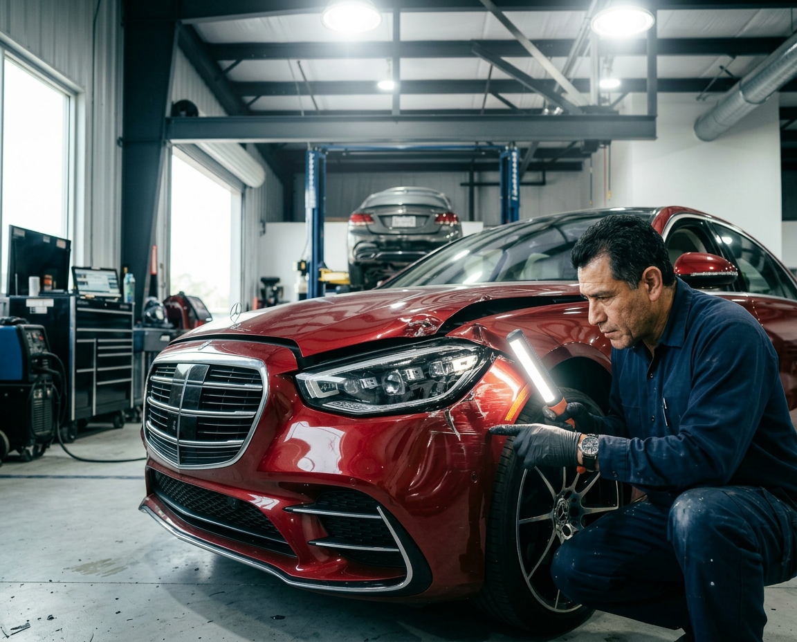Precision collision repair on damaged luxury vehicle at Houston body shop