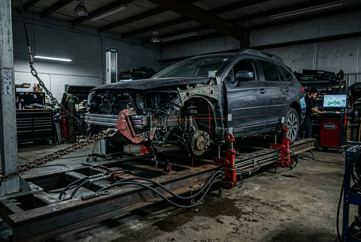 Precision frame straightening rack with laser measuring system in Houston collision shop