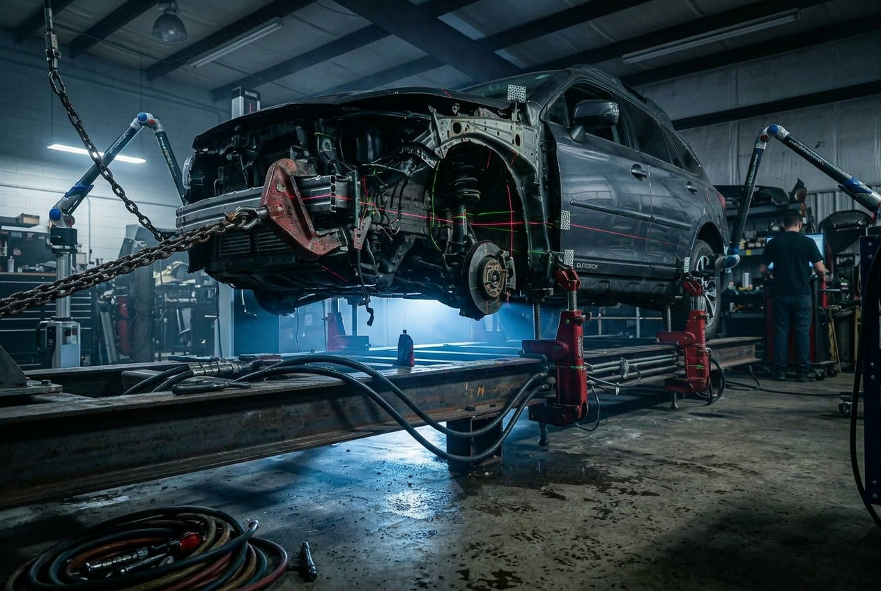 Precision frame repair setup at Houston auto body shop