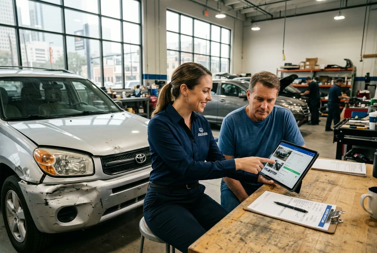 Insurance claim consultation with customer and damaged vehicle in Houston repair facility
