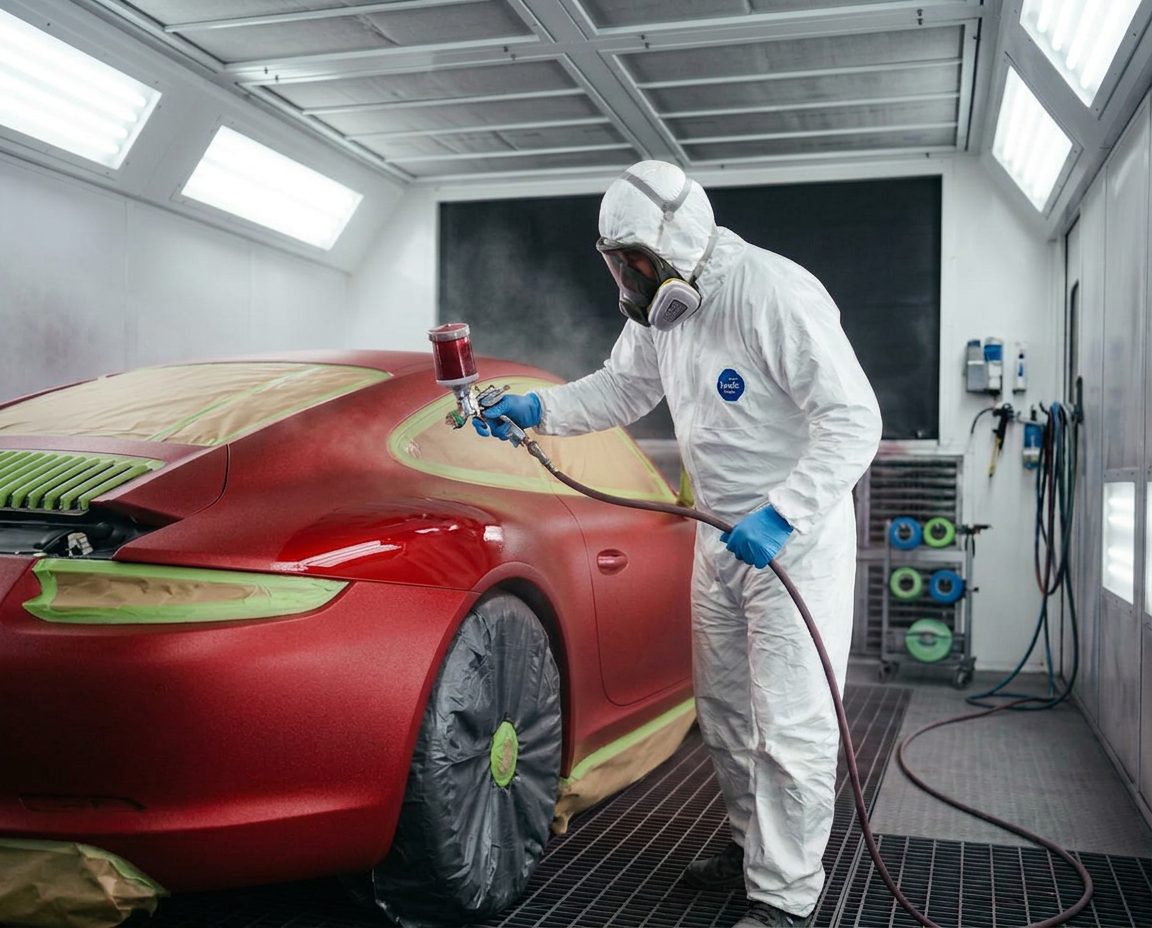 Paint booth refinishing of deep red luxury vehicle at Houston auto body shop