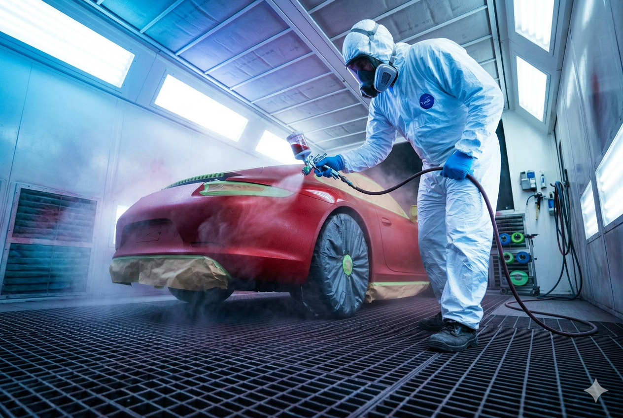 Computerized paint matching booth at Houston auto refinishing shop