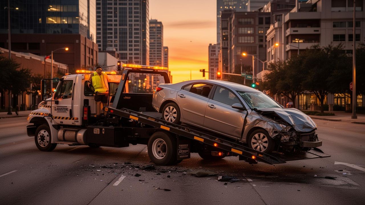 Accident recovery flatbed tow truck loading damaged sedan in Houston at dusk